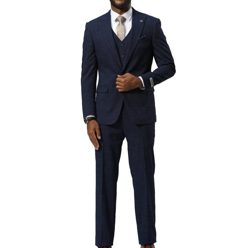 Navy Tattersall Plaid Peak Lapel 3 Piece Stacy Adams Men's Suit